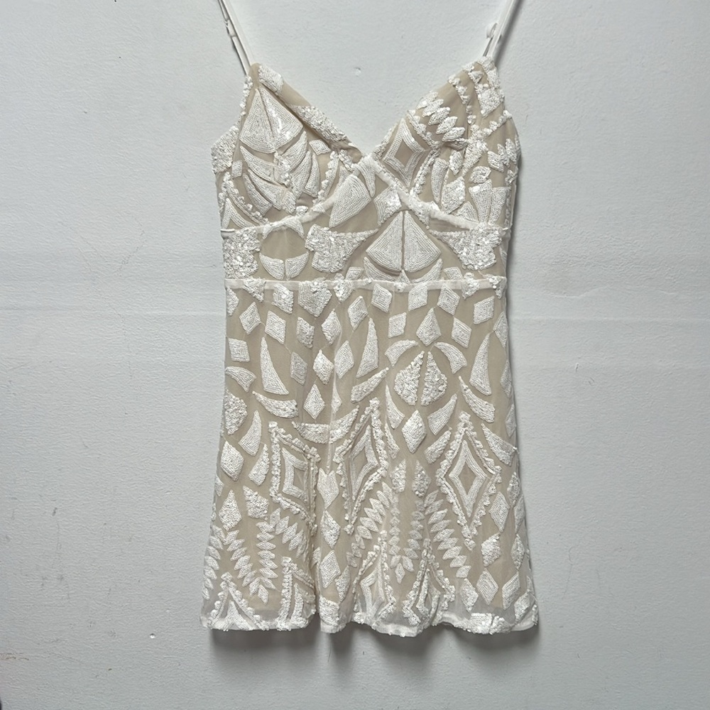 superdown Beige and White Embellished Mini Dress